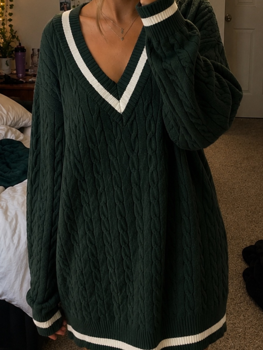 J for Justify Forest Green Cable-Knit V-Neck Sweater with White Trim